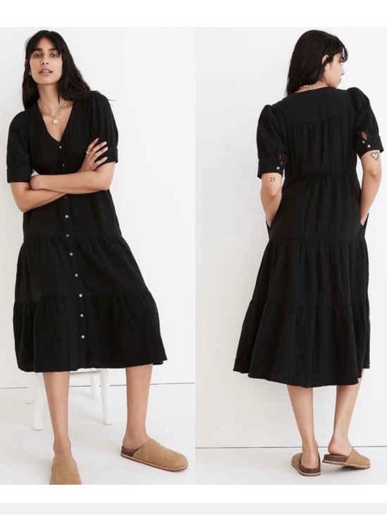 Madewell Dresses & Skirts - Madewell Lightspun Button-Front Tiered Midi Dress Black Button-Front size 16